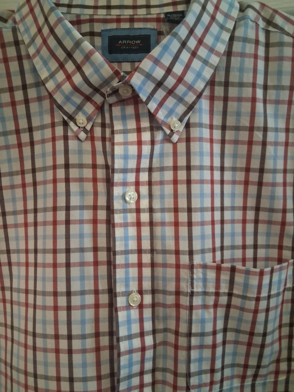 Arrow Men's-Short-Sleeve, Button-Down Shirt-Plaid - Red, Blue, Brown White- XL